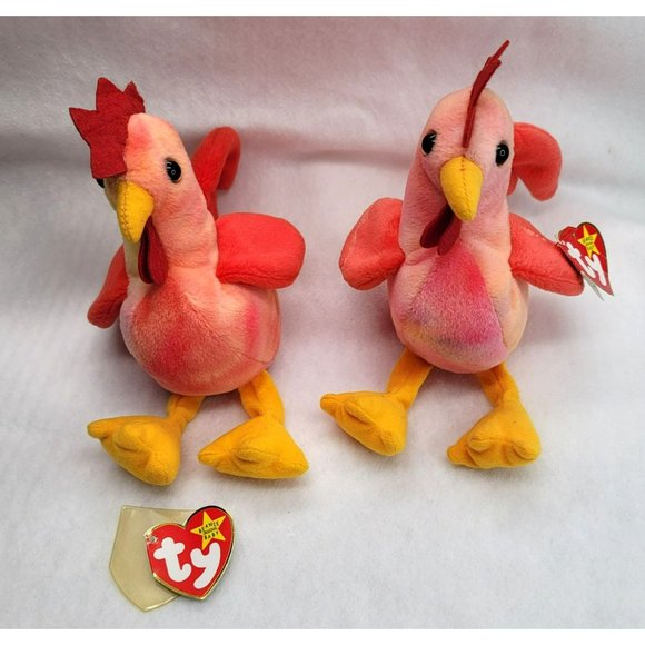 Ty Beanie Baby Strut the Rooster Set Plush 1996 PVC and 1996 PE CR78 - Picture 1 of 11